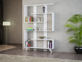 Bibliothèque Scandina blanche - Vue de face, étagère moderne avec design géométrique installée dans un salon - Ambiance moderne et élégante